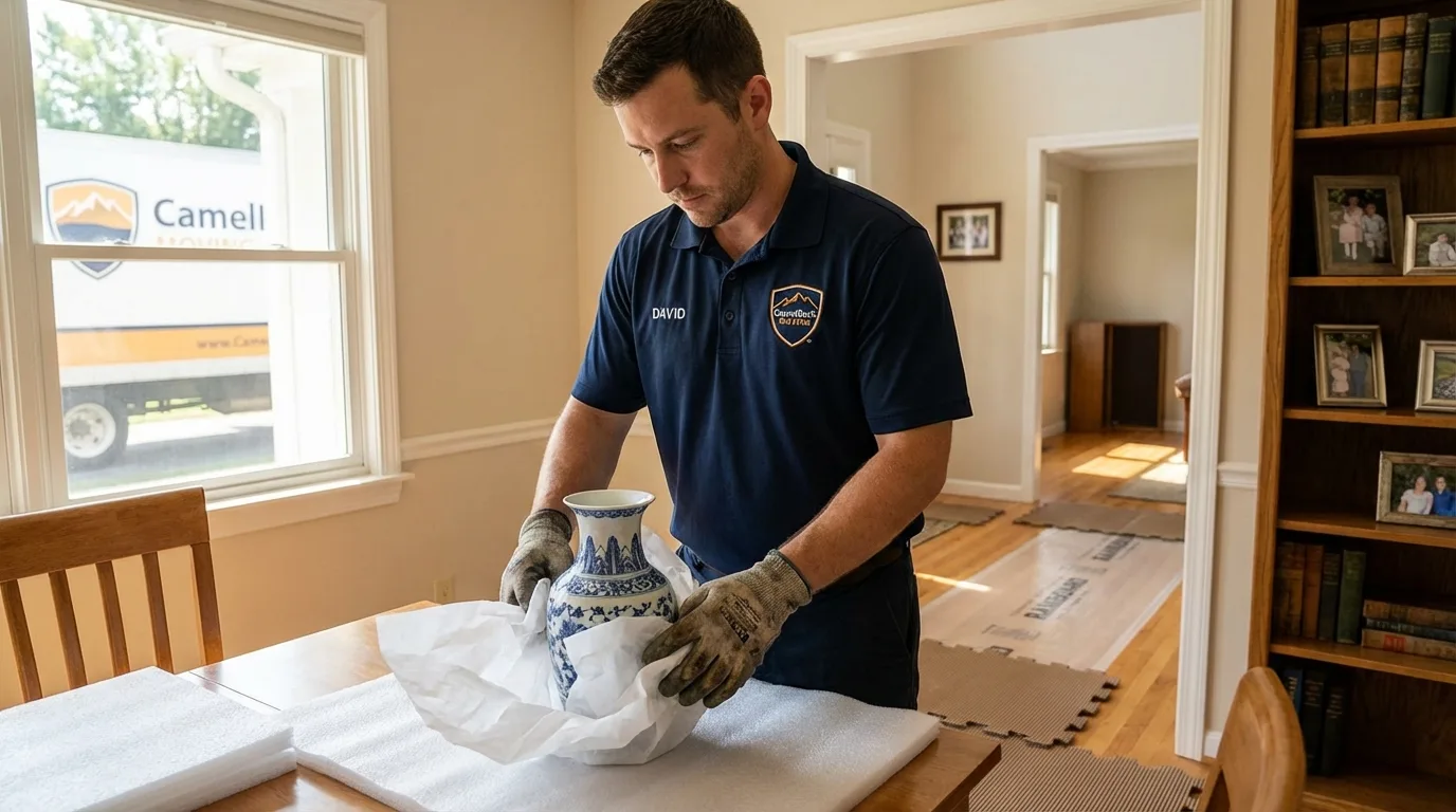 Professional crew carefully wrapping antique vase for senior downsizing move in Red Boiling Springs, TN